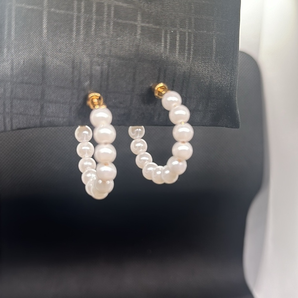 Classic White Simulated Pearl Gold Tone Elegant C-Hoops | Timeless Jewelry - Picture 14 of 16